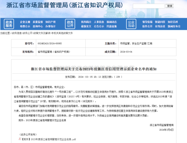 点点电脑入选2023年度浙江省信用管理示范企业名单